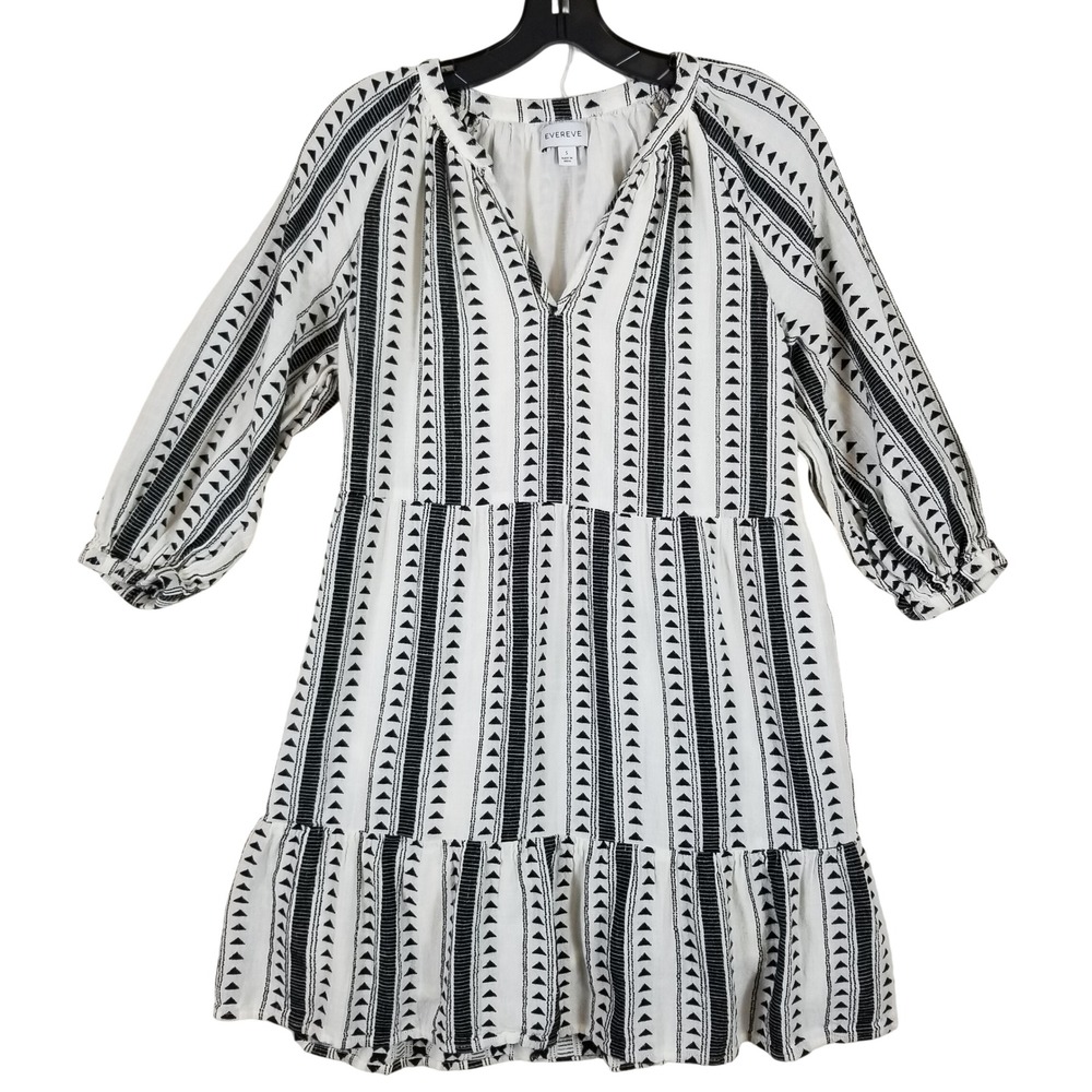 Evereve Womens Black White Geometric Stripe Tiered V-Neck Mini Dress Small